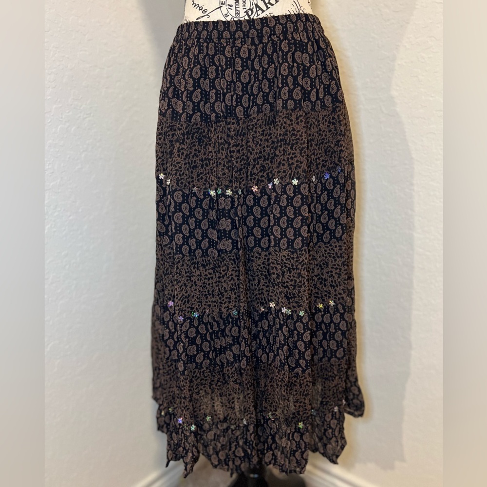 Black and Brown Maxi Skirt with Shiny Embellishments across the front